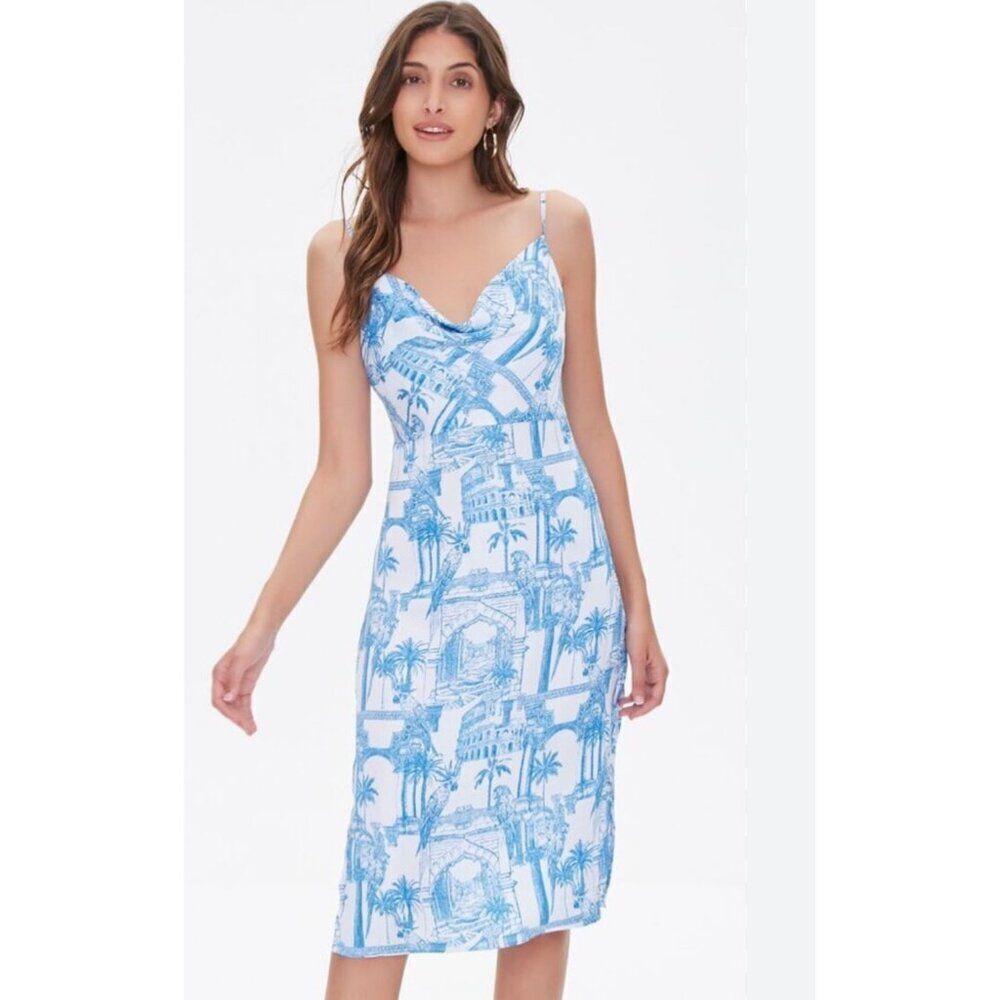 Forever 21 Women Tropical Architect Print Spaghetti Strap Satin Dress Size S